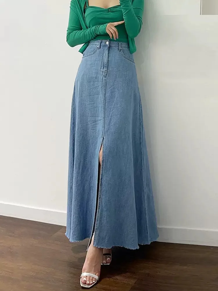 Koreaanse Chique Zomer Gewassen Blauwe Denim Rok Retro Stijl Hoge Taille Voorkant Slit Rok Met Rauwe Rand A-Lijn Lange Rokken Voor Vrouwen