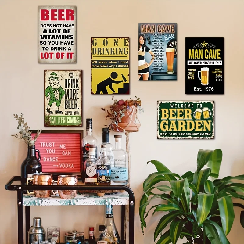 Letrero de bienvenida Vintage para jardín de cerveza, decoración de lata de Metal de 11,81x7,87 pulgadas con reglas de cerveza humorísticas, arte de pared de Bar para cueva de hombre, H, 6 uds.