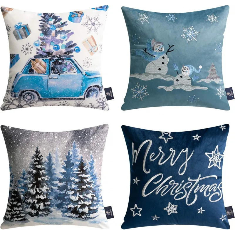 

Christmas Decoration Set of 4 Printed Pillows Snowman, Star, Snowflake, Tree Cushion Cover