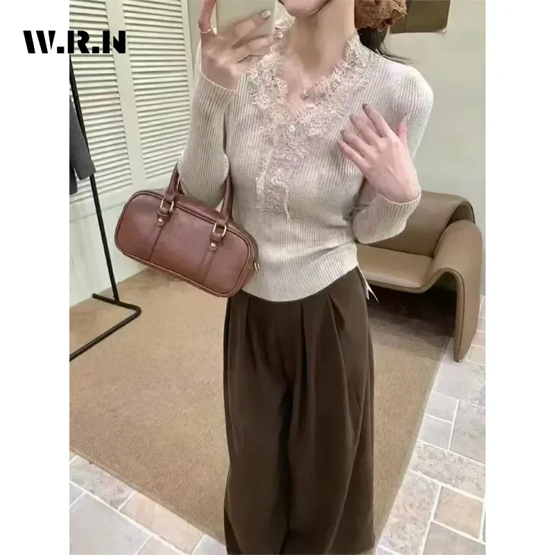 2025 Winter Sexy Knitting Long Sleeve Lace Patchwork Pullovers Fashion Women's Chic Patchwork Coquette Warm White Sweater