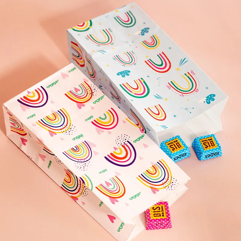10Pcs Rainbow Theme Paper Candy Bags DIY Baking Cookies Packing Gift Bag Stand Up Favor Bags Wedding Party Birthday Supplies