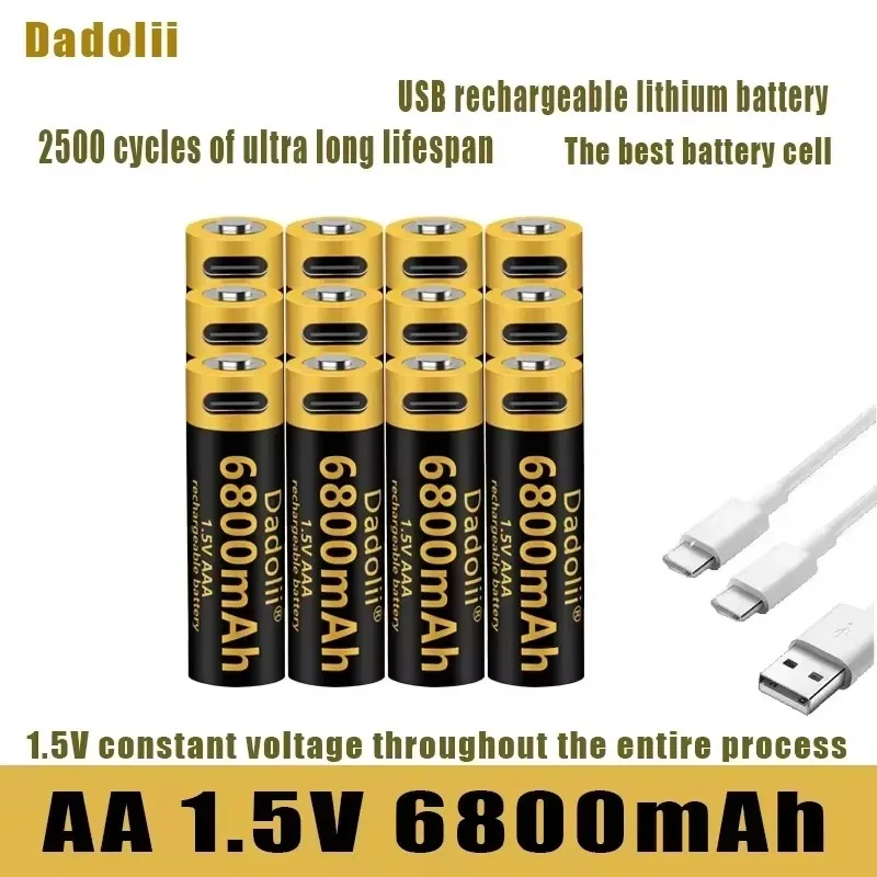 

Перезаряжаемая литиевая батарея Dadoli 1,5 В AA, 6800 мАч, зарядка USB-C, большая емкость для игрушек, клавиатур, MP3-плееров, беспроводной Mou