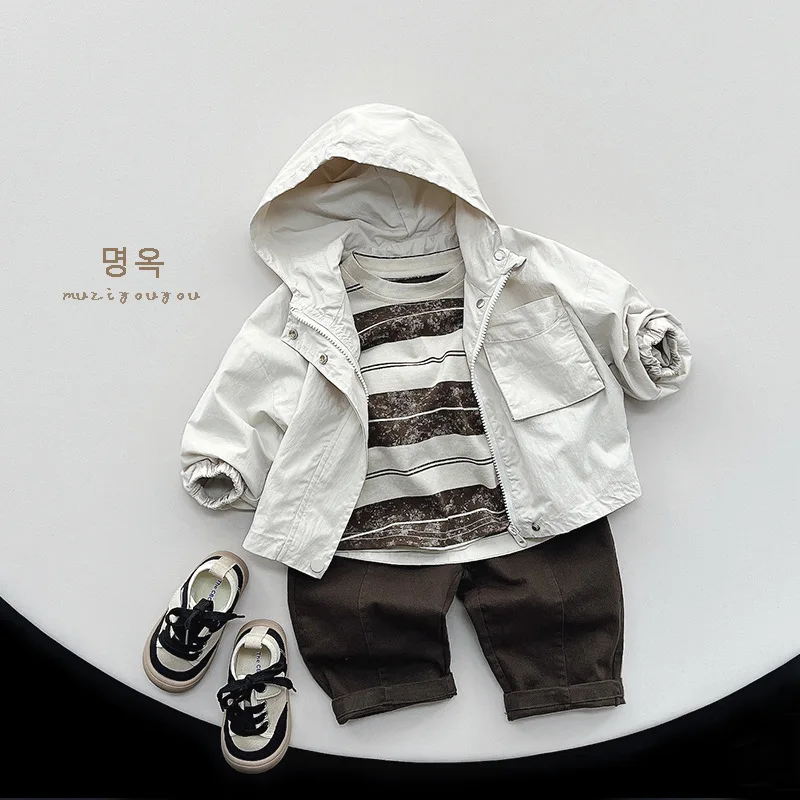 Spring Autumn Children Jackets 1-8Y Boys Cotton Hooded Zipper Daily Coats Windbreaker Korean Toddler Outerwear Kids Clothing New