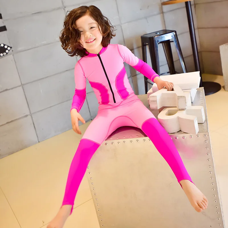 Fashion Long Sleeve One Piece Swimsuit Kids Girls Zip Wetsuit Upf 50+ Anti UV Protective Diving Swimwear Patchwork