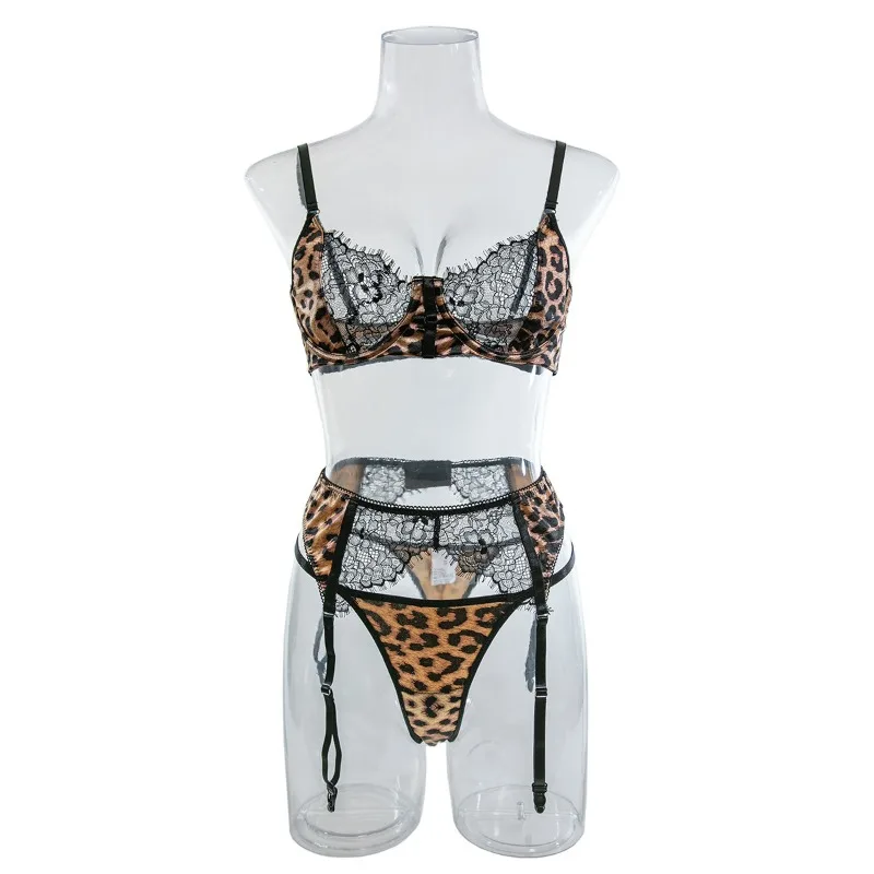 

Tornova Sexy Leopard Print Lingerie Suit for Women Lace Patchwork Leopard Print See-through Women's Underwear Suit 3-piece Set
