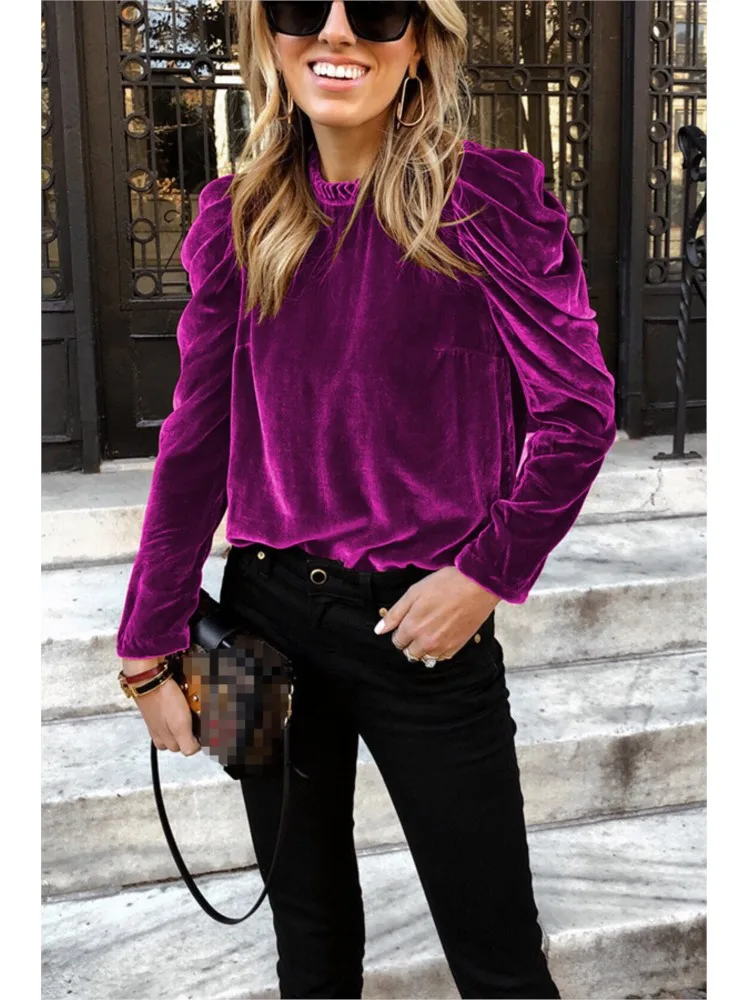 Fashion Puff Sleeve Velvet Blouses And Tops Casual O Neck Solid Color Loose Shirt Office Top 2024 Autumn Winter Women\'s Clothing