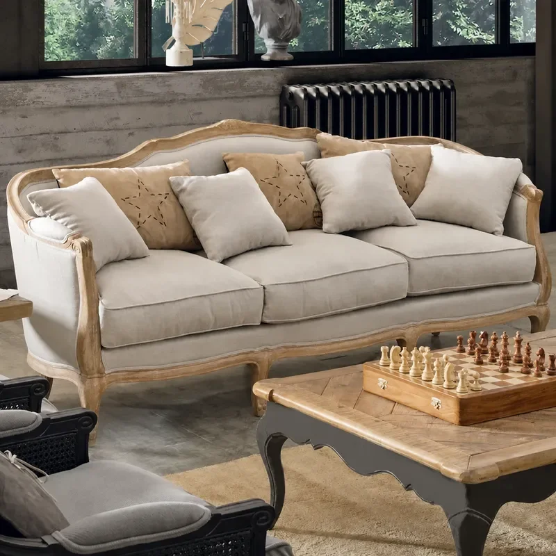 Solid Wood Three Seater Sofa Oak Frame Fabric Upholstery Retro Style for Small Apartment Living Room Villa Furniture
