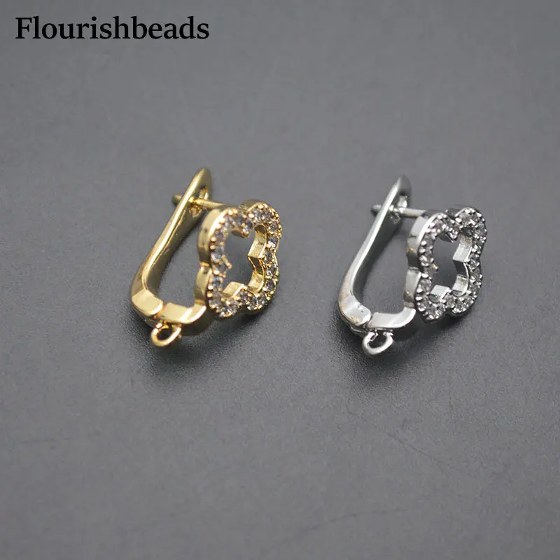 30pc High Quality Gold Silver Color CZ Beads Paved Clover Flower Shape Earring Hook Leverback Clasps For DIY Jewelry Making
