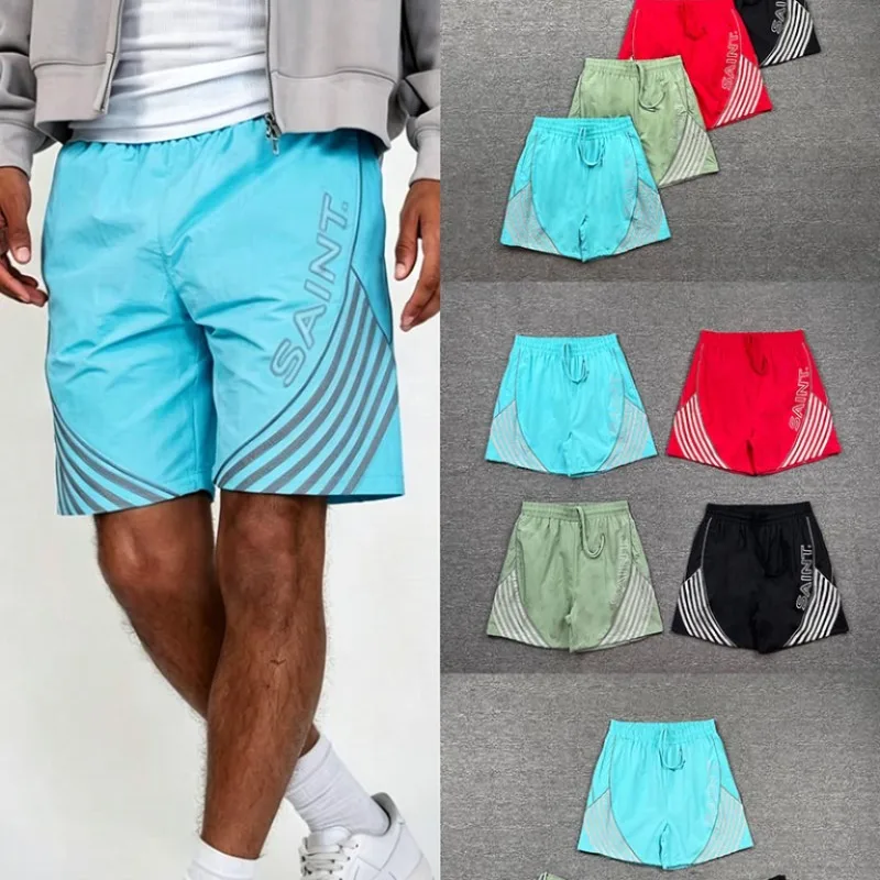 2026 New SAINT Unisex Sports Shorts Stretch Waist Vertical Text Dual Stripe Loose Knee Shorts