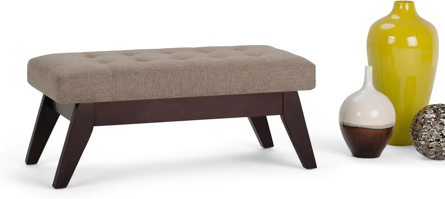 40 inch Wide Mid Century Modern Rectangle Tufted Ottoman Bench in Fawn Brown Linen Look Fabric, Assemble