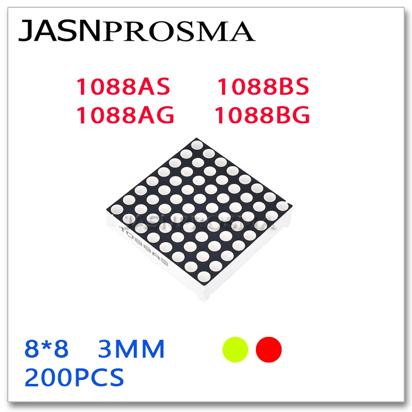 

JASNPROSMA 8X8 3MM Red yellow green LED 32X32mm 200PCS 1088AS 1088BS 1088AG 1088BG anode cathode Dot Matrix Digital Tube Common