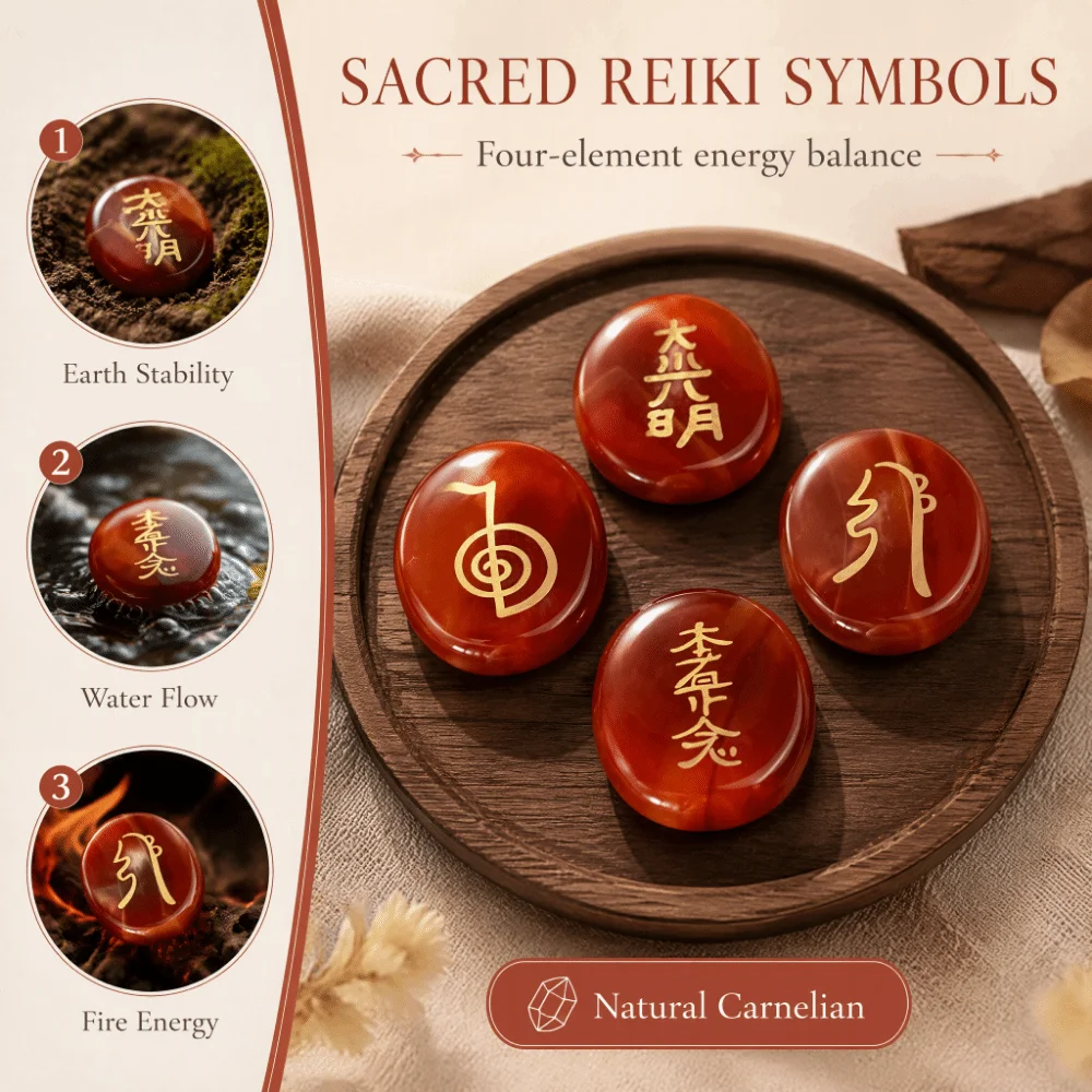 4Pcs Flat Oval Engraved Reiki Stones Red Agate Rose Quartz Meditation Stones Set Engraved Symbols 30 x 25 x 6 mm