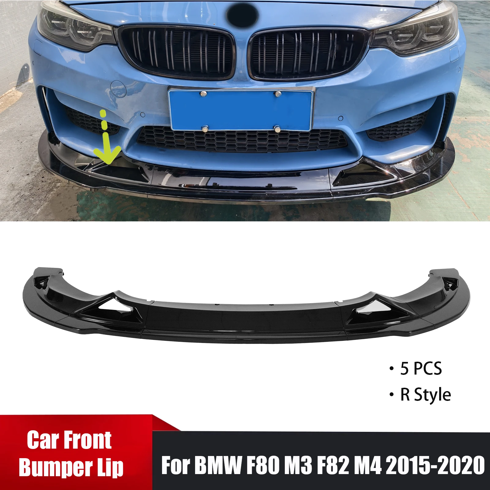 5PCS Car Front Bumper Lip For BMW F80 M3 F82 M4 2015-2020 R Style Spoiler Diffuser Splitter Auto Accessories Carbon Fiber Style