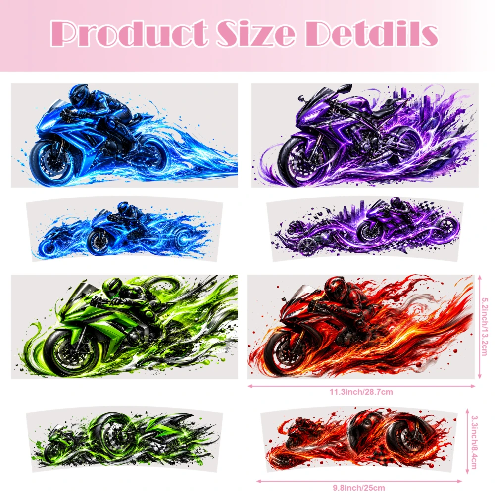 4 Sheets Fire Flame Motorcycle Design UV DTF Stickers for 40oz Tumblers Vinyl Decal Set Waterproof DIY Decals Waterproof DIY