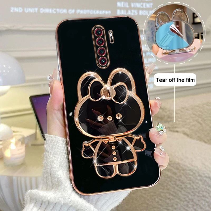 For Xiaomi Redmi 9 Phone Case Soft Silicone Plating Cartoon Rabbit Fold Stand Makeup Mirror Bracket Cover