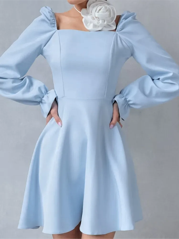 

2024 Spring Summer New Women's Clothing Solid Color Square Neck Fashion Lantern Sleeve High Waist A Swing Dress Short Skirt