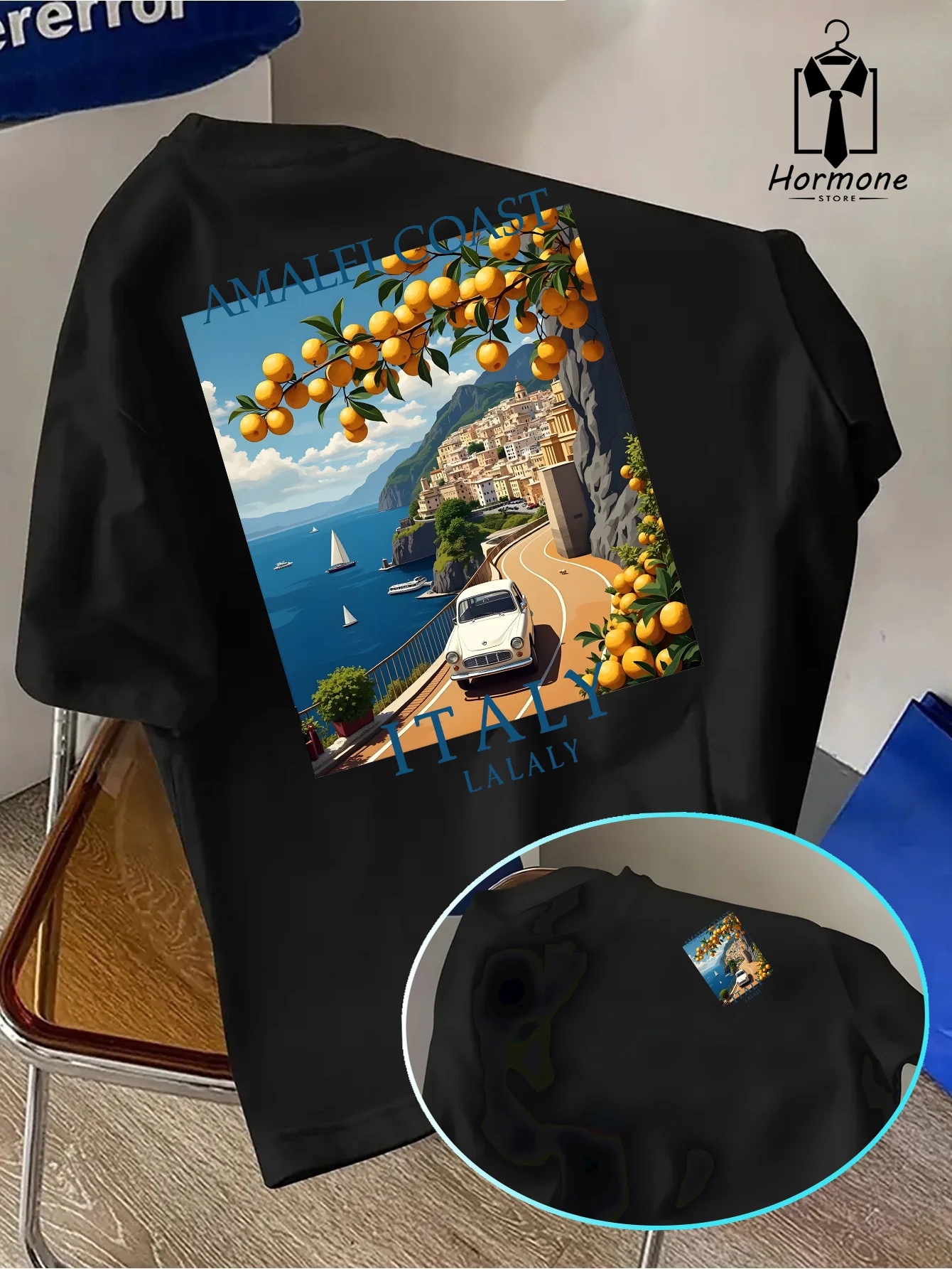 Summer Men Italian Travel Style Amalfi Coast Pattern Loose T-Shirt Suitable for Daily Casual Wear 100% Cotton Material Versatile