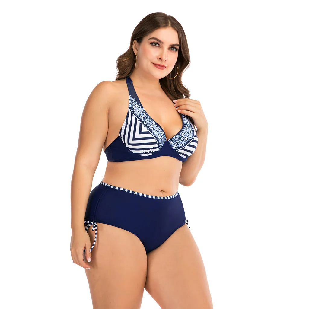 Stripe Print Bandage Tankini Sets Women Padded Bikini Swimsuit Female Lace Up Beachwear Two Piece Bikini Bottom 4 Xl Large Size