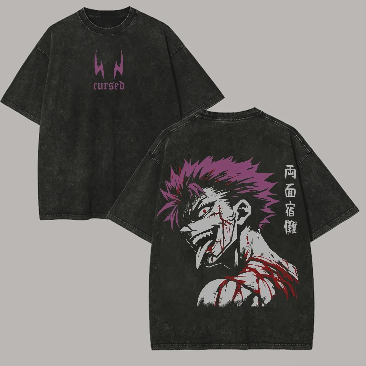 

Sukuna Cursed T Shirt Jujutsu Kaisen Men Vintage Acid Wash Purple Hair Blood Anime Graphic Streetwear Oversized Harajuku Tees
