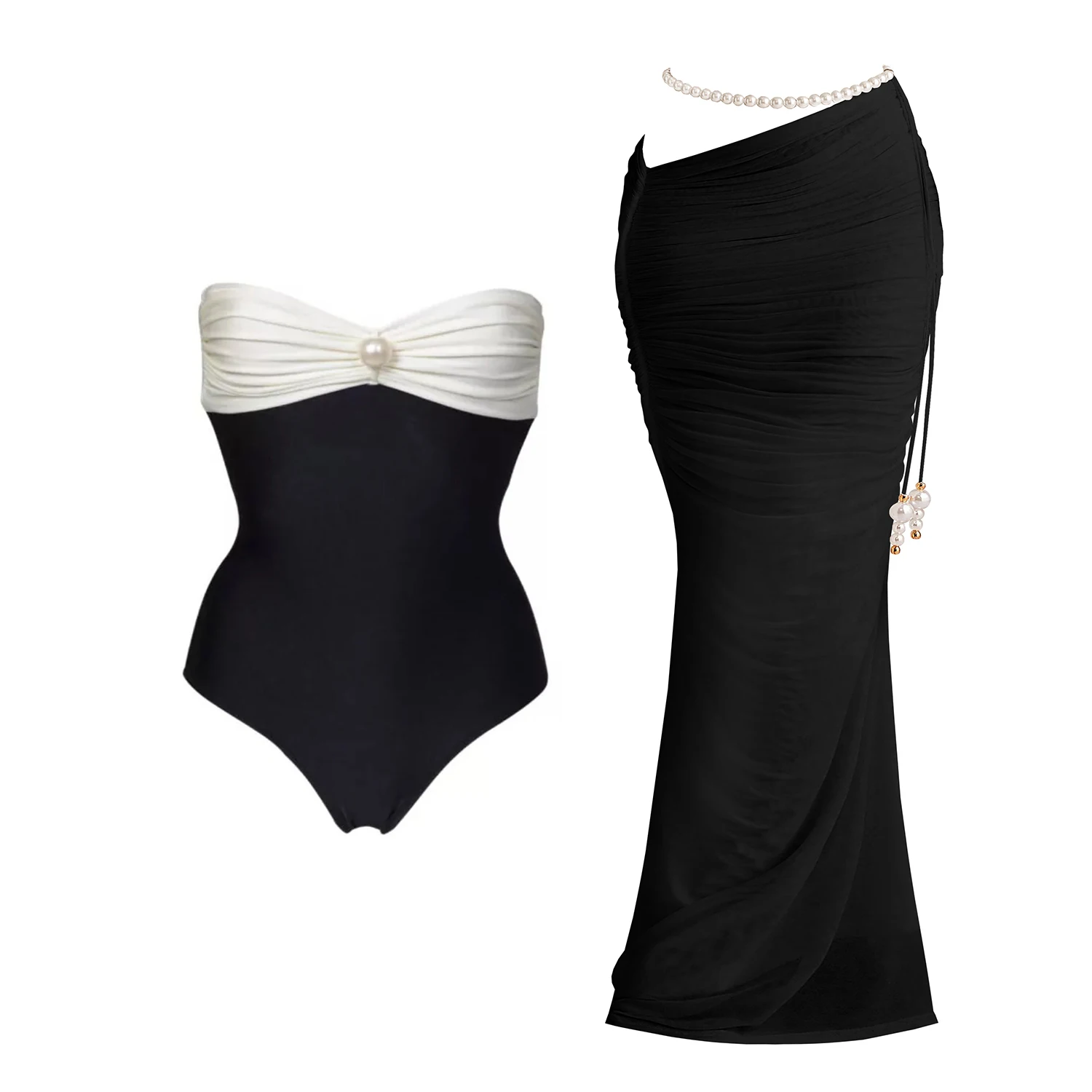 Patchwork One Piece Swimsuit With Cover Up Women Sexy Swimwear Pearl Bikini Female Solid Bandeau Biquini Bathing Suit Beachwear