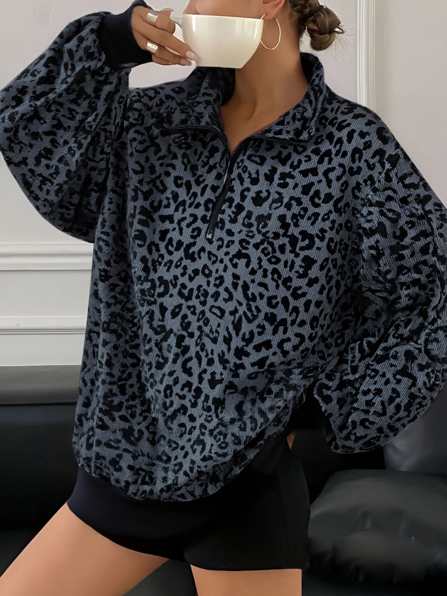 Women's retro leopard print stand up collar jacket casual loose long sleeved jacket