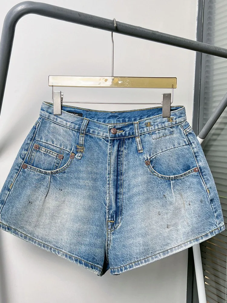 

Summer 2024 Women's Wide Leg Denim Shorts A-Line Retro Distressed Loose Casual Female Jeans