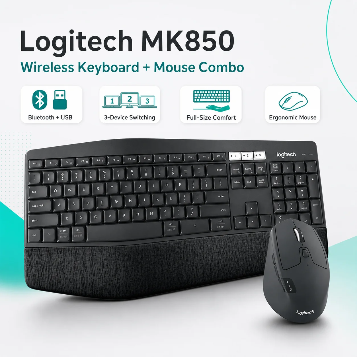 Logitech MK850 Performance Wireless Keyboard and Mouse Combo: Ergonomic Palm Rest - Dual Connect 3 Devices PC Mac iPad