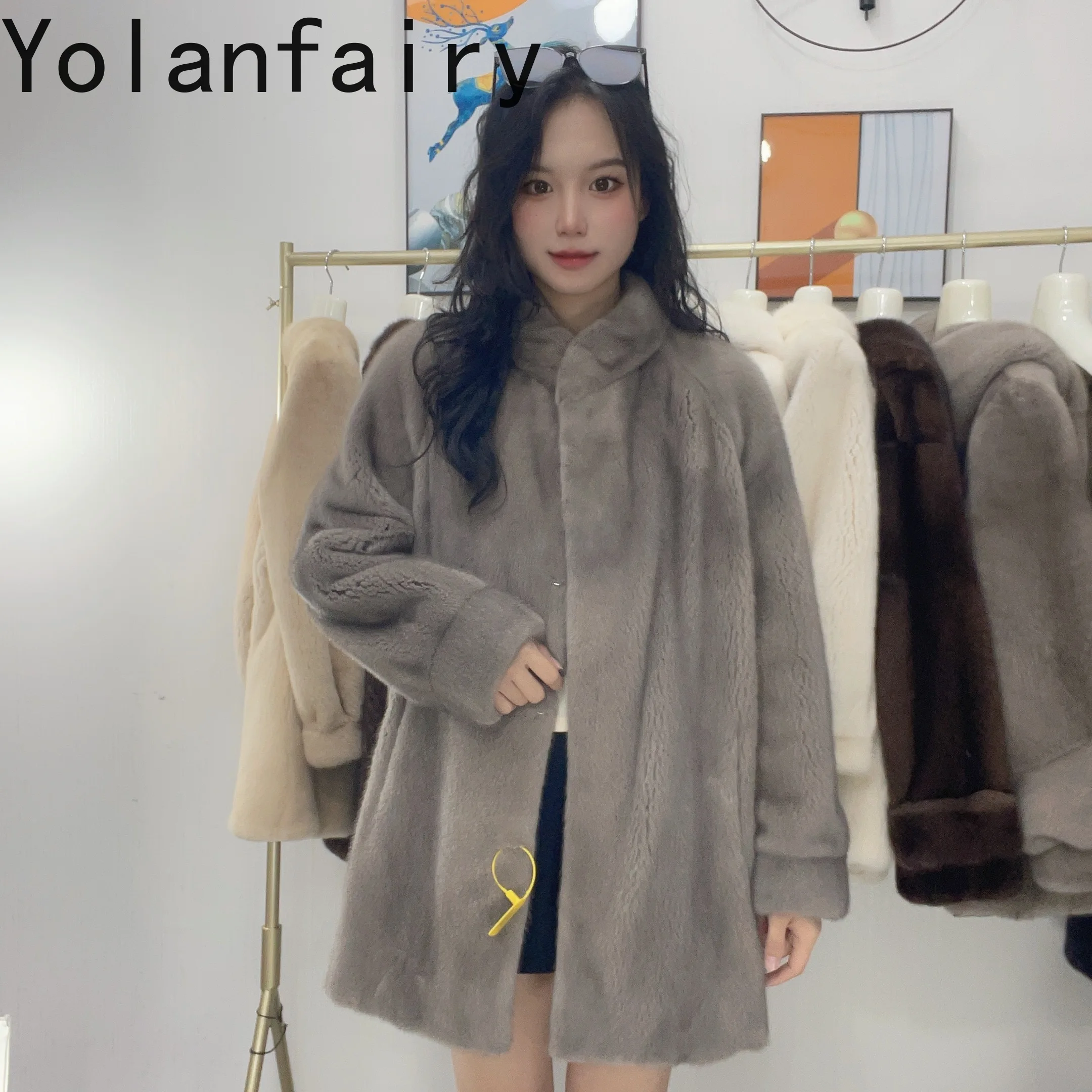 YOLANFAIRY الفاخرة الشتاء معطف الفرو الطبيعي امرأة كاملة فرو المنك سترة المرأة منتصف طول أنيقة الدافئة فرو المنك معاطف الوقوف طوق