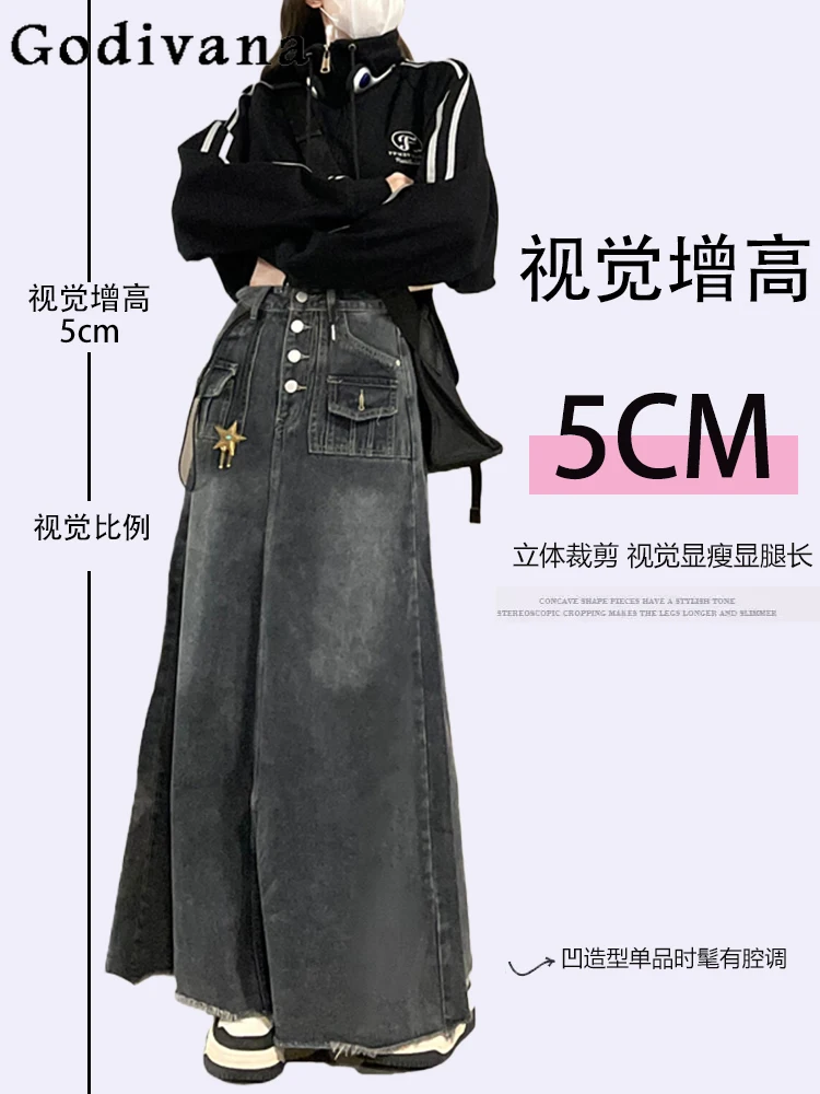 

Large Size 2XL-6XL Girl Retro Blue-gray Spring Autumn High Street Denim Skirt Fashion High Waist Versatile A-line Loose Skirts