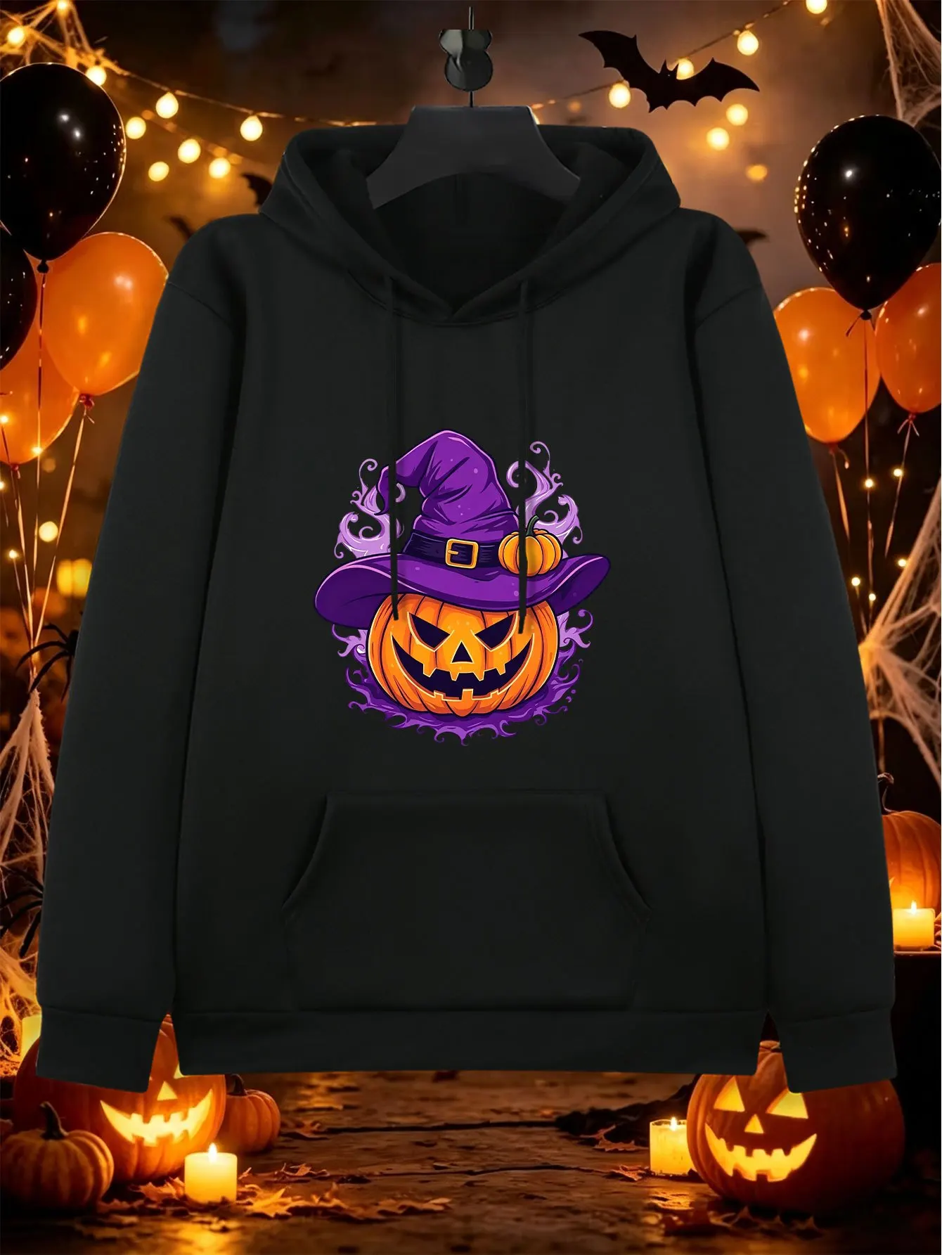 Unisex Halloween Wizard Hat Pumpkin Lantern Illustration Print Hoodie, Street Trendy Long Sleeve Top For Commute Fitness S-3XL