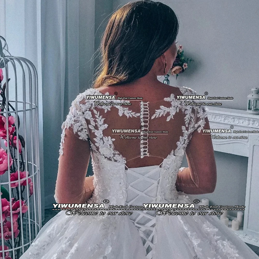 Weiße Spitzenapplikationen Perlen Brautkleider Illusion Langarm Ballkleider Braut Maßgeschneiderte O-Ausschnitt Vestidos De Novia