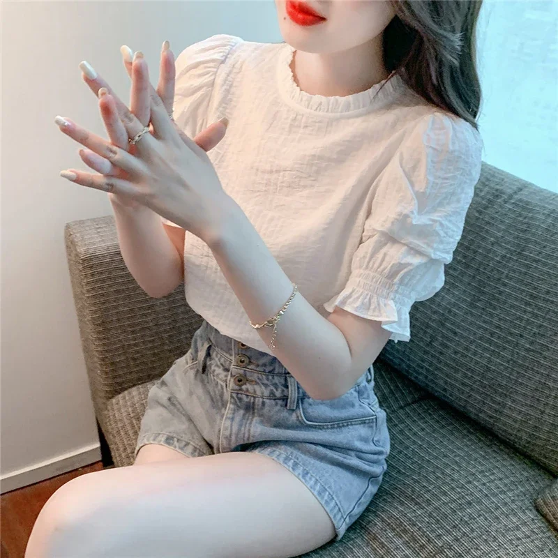 

Women Clothes Ruffled White Sweet Elegant Blouse Trendy Casual Short Sleeve Slim Street Shirts Chic Pullover Chiffon Tops Z722