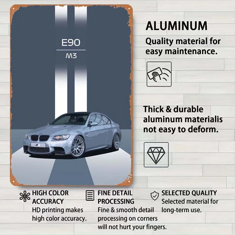The BMW E90 M3 Metal Sign Cars Poster Coffee Bar Tinplate Sign for Garage Wall Art Decoration Home Decoration Accessories Retro