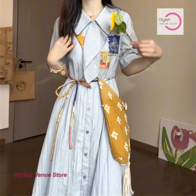 Pittura a inchiostro retrò letteraria francese Polo collo a vita alta abito blu gonna a camicia lunga stile college moda estiva da donna