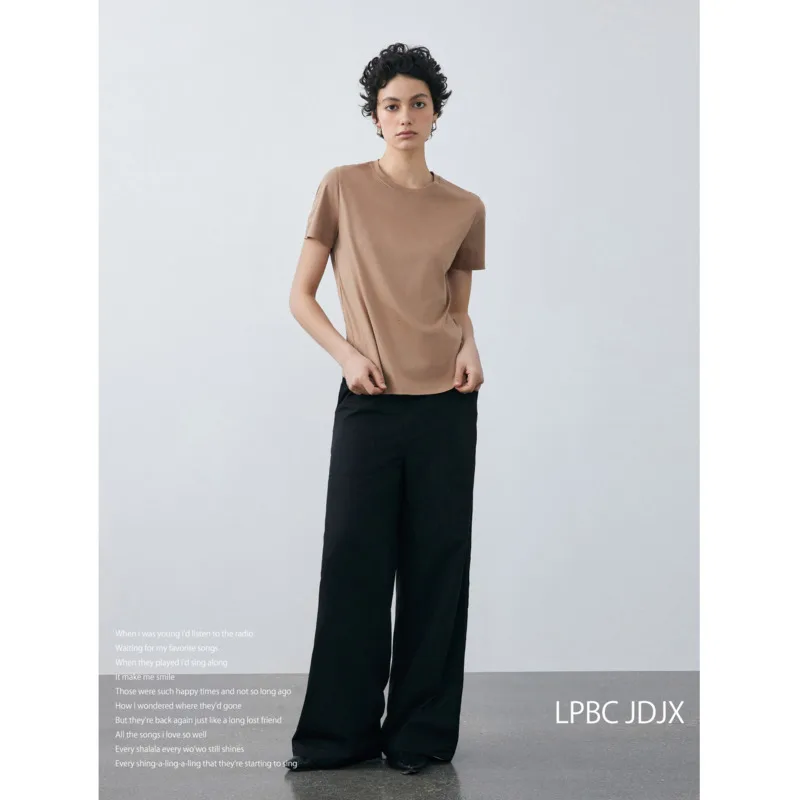 Summer 6% Mulberry Silk Cotton T-shirts Women Loose Round Neck Short Sleeve Luxury Tee Solid Color Basic Tops image 5