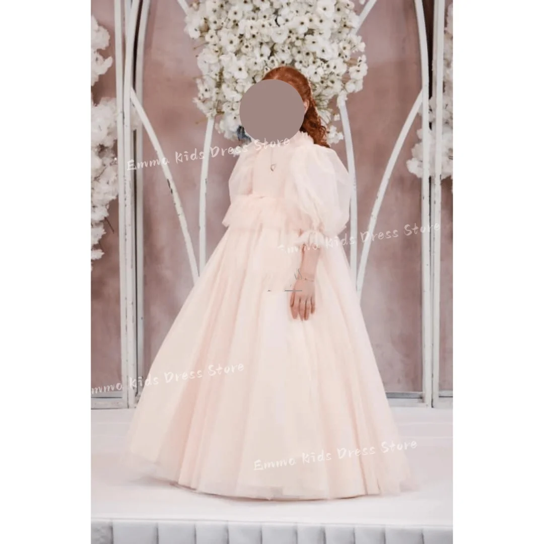 Custom Blush Pink Flower Girl Dress Long Sleeve Puff Sleeve Tulle Ball Gown for Wedding Communion Girls