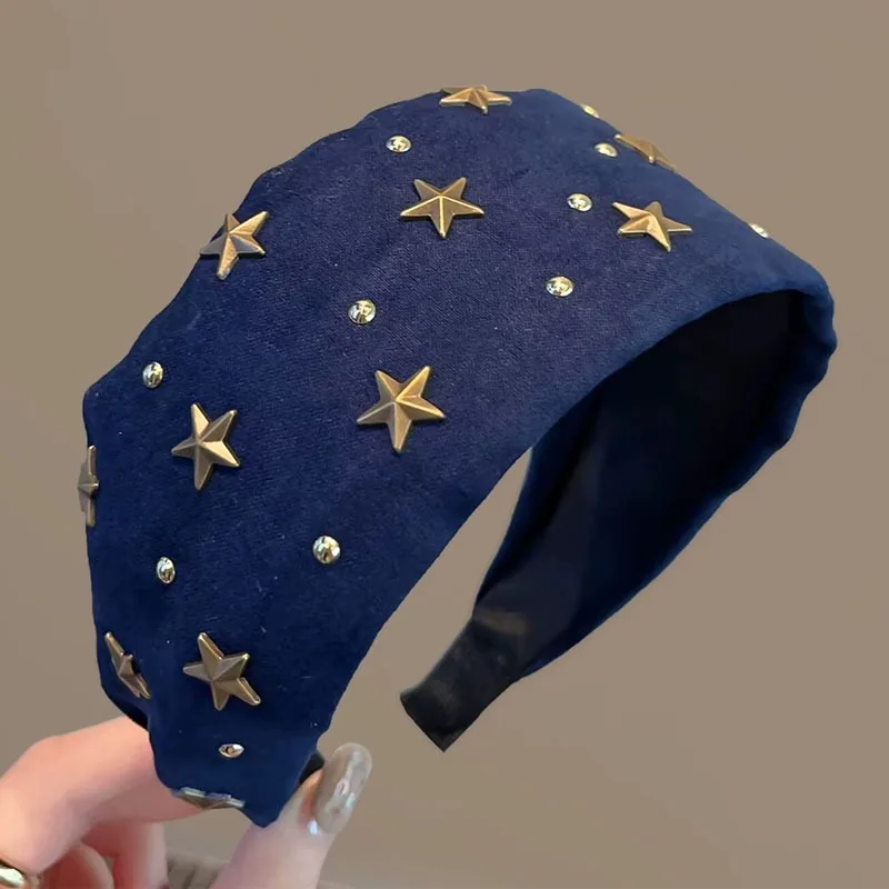 

2025 New Retro Y2K Star Rivet Headband Wide Edge Blue Pink Hair Hoops Vintage Hipster American Style Fashion Hair Accessories
