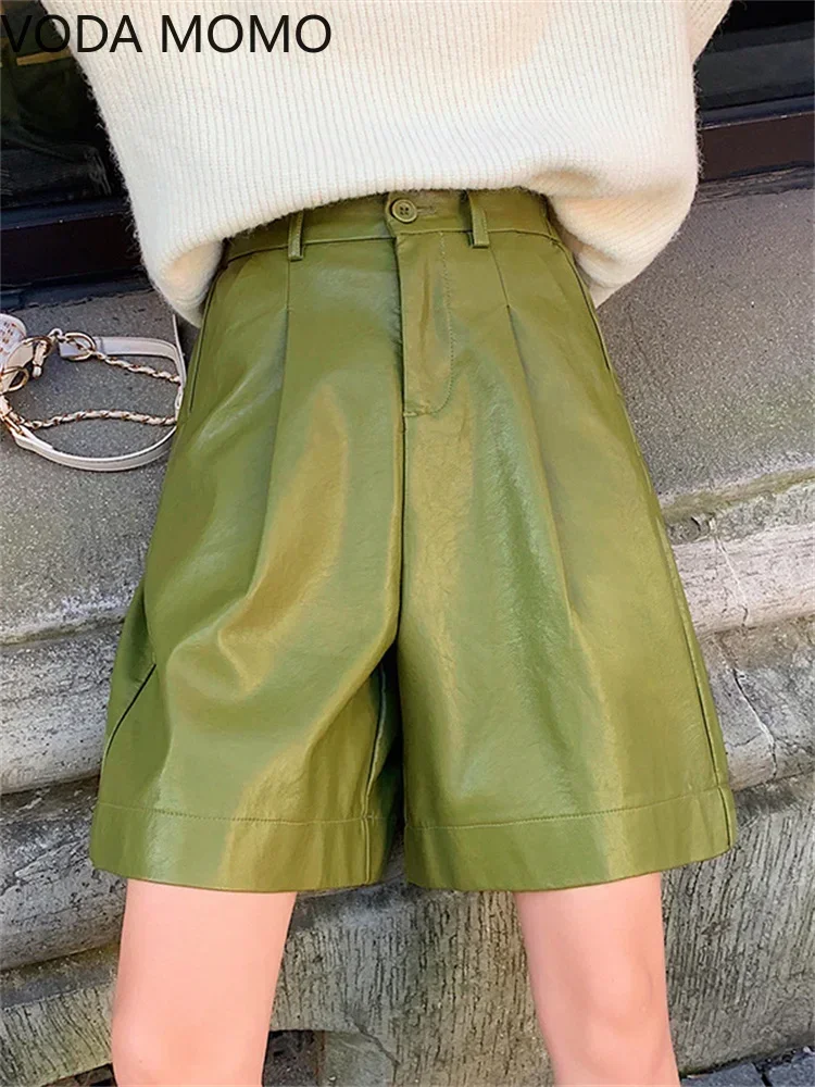 S-4XL Fashion PU Leather Shorts Women's Spring And Autumn Bermuda Elastic Waist Loose Five Points Leather Trouser Shorts