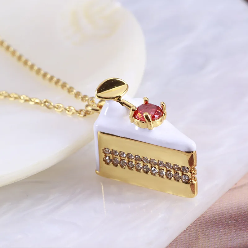 Fashion Hand-painted Enamel Glaze Lovely Sweet Cherry Triangle Mousse Cake Pendant Cubic Zircon Necklace Collarbone Chain Women