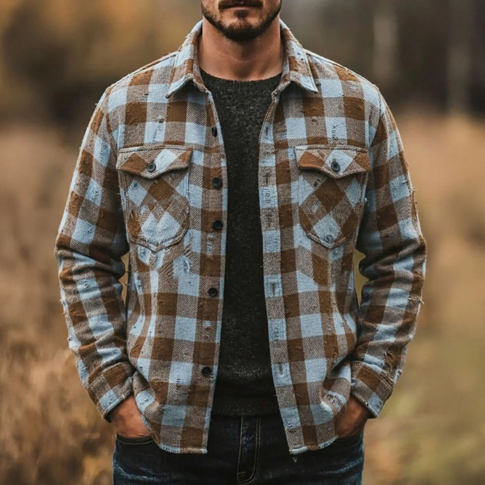 

Мужская повседневная рубашка с длинным рукавом, классическая клетчатая, износостойкая ткань, удобный свободный крой, модный дизайн с прорезями, стиль для поездок на работу