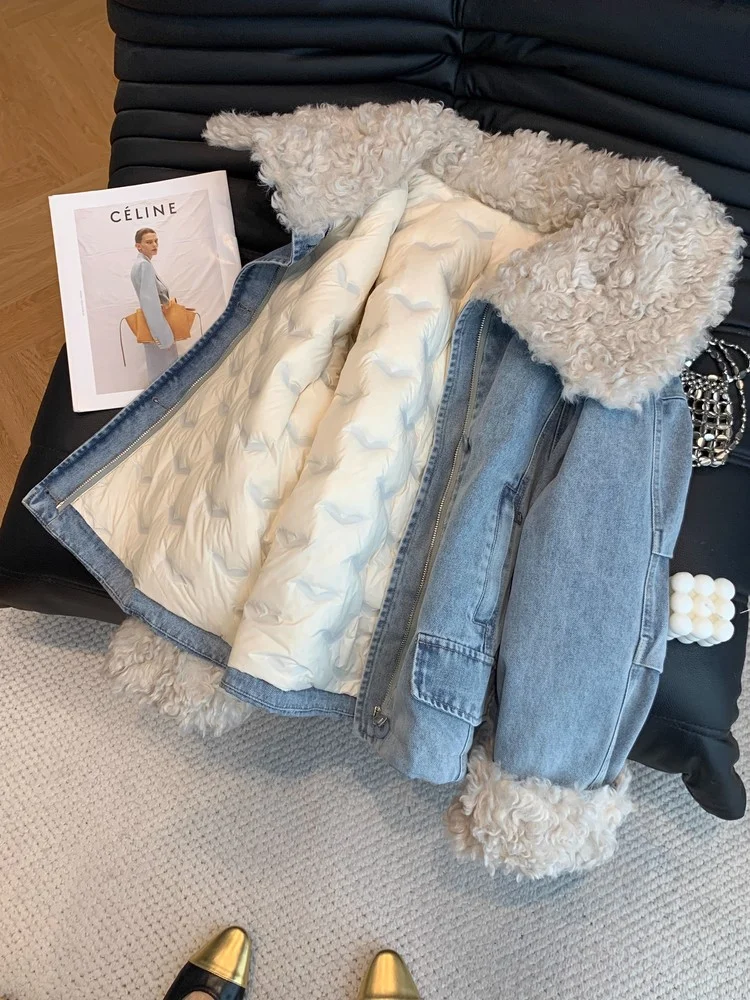 

Chic Lapel Fleece Denim Jacket For Women Korean Style Loose Thick Warm Overcoats Autumn Patchwork Zipper Cotton Outerwears