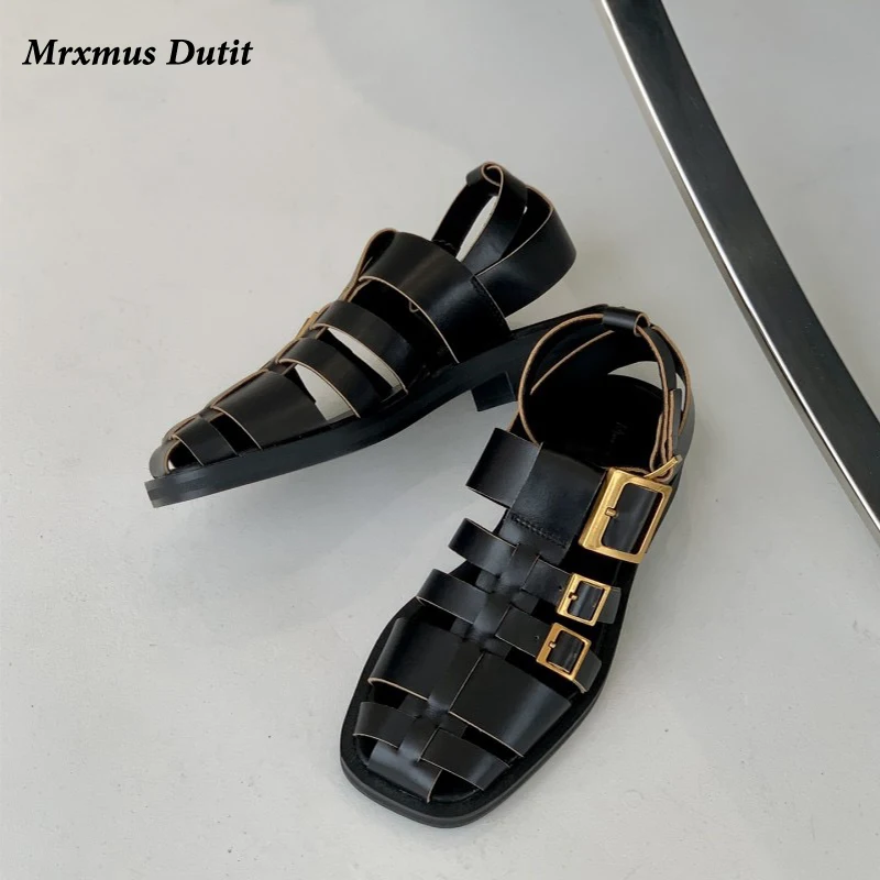 Mrxmus Dutit 2023 New Spring Summer Women Fashion Genuine Leather Flat Sandals Shoes Simple Elegant Casual Roman Shoes Female