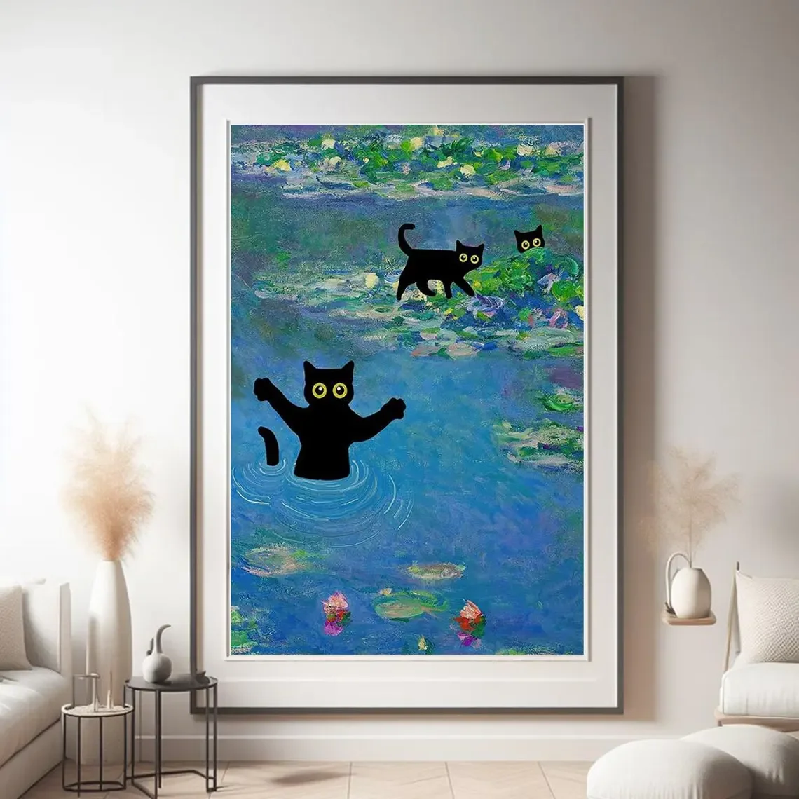 Whimsical Impressionist Cat Pond Wall Art - Humorous Art Print Merging Classic Monet Water Lilies with Playful Black Cats, Captu
