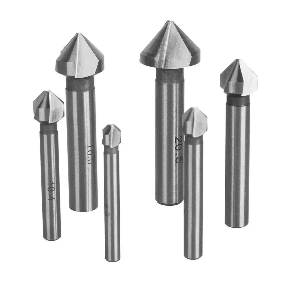 

6pc 90 Degree HSS Countersink Bits 3 Flute For Precision Edge Chamfering On Metals Plastics And Wood Based Substrates
