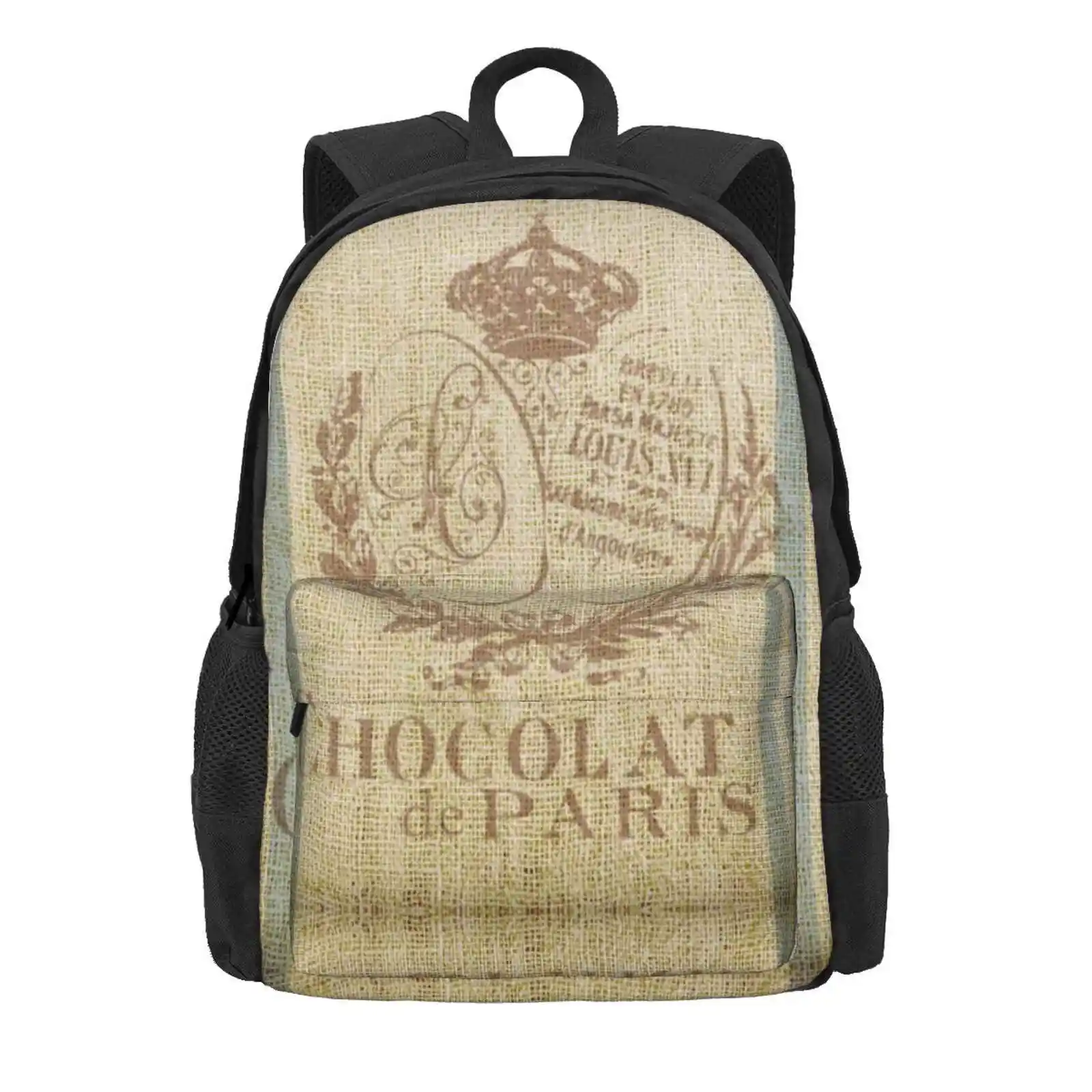 Bonjour ! - Faux Grain Sack [Chocolat De Paris] Hot Sale Schoolbag Backpack Fashion Bags Paris Grain Sack Faux Burlap French