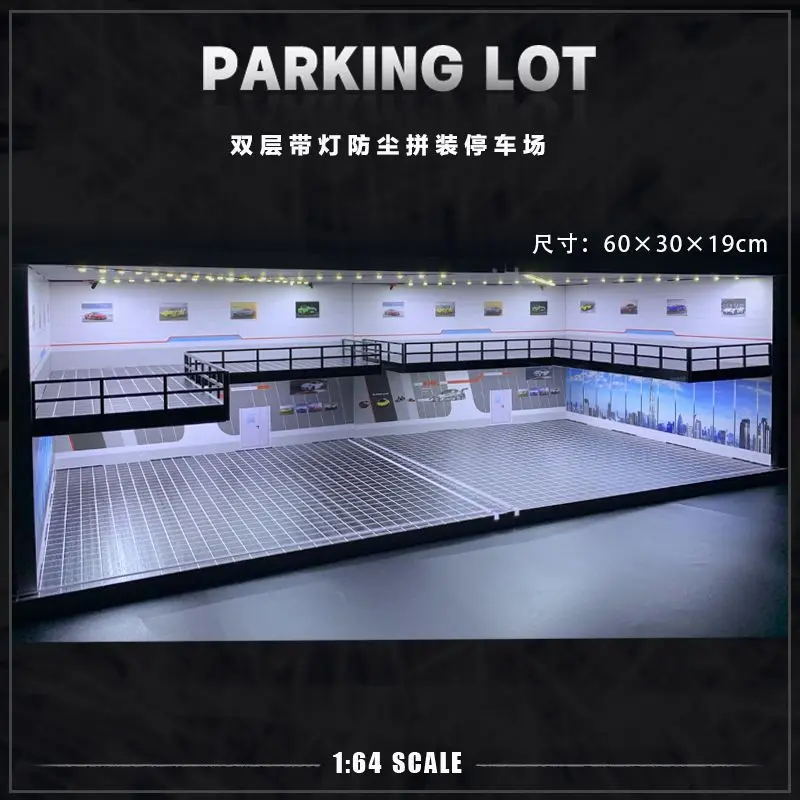 1/64 Car Showroom Garage Scene Model with Light Assembled Parking Lot Diorama Parking Place for Miniatures Vehicles Display