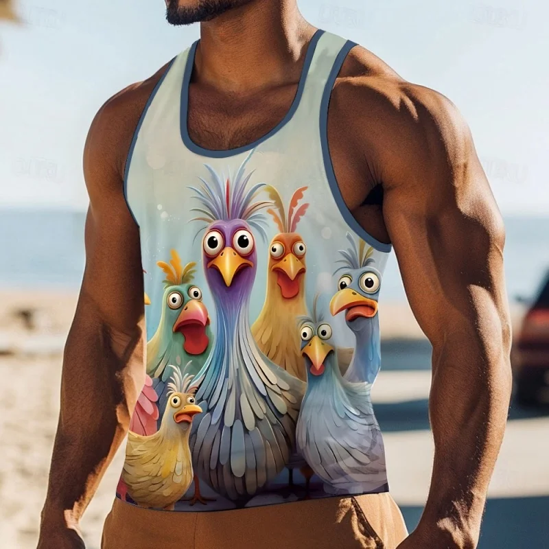 

Funny Cute Bird Pattern Tank Tops For Men Abstract Animal 3D Printed Tops Summer Casual Loose Sports Round Neck Vest Street Tees