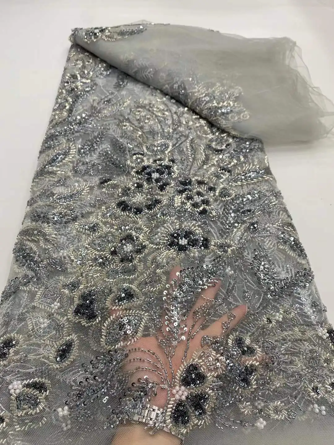 แอฟริกันHeavyลูกปัดผ้าลูกไม้ 2025 คุณภาพสูงไนจีเรียSequinsเจ้าบ่าวลูกไม้ภาษาฝรั่งเศสคําTulleผ้าสําหรับชุดปาร์ตี้เย็บDP