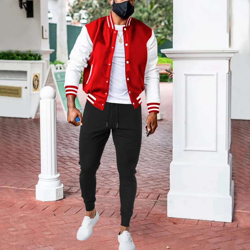 

Autumn Casual Set Men's Baseball Suit Fashion Casual Color Block Sweater Flight Jacket Long Pants Men's Fashion Trend
