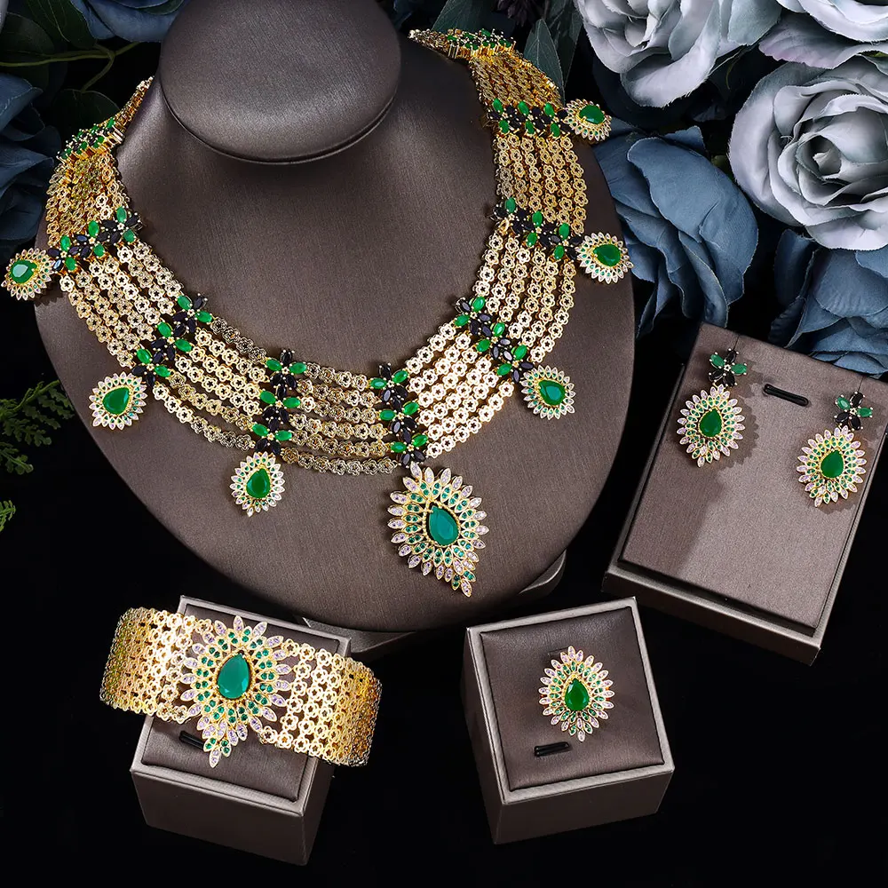 

2023 New 4-piece Nigerian Bride Zirconia Women's Party 24k Gold Dubai Necklace Bracelet Earrings CZ Crystal Wedding Jewelry Set